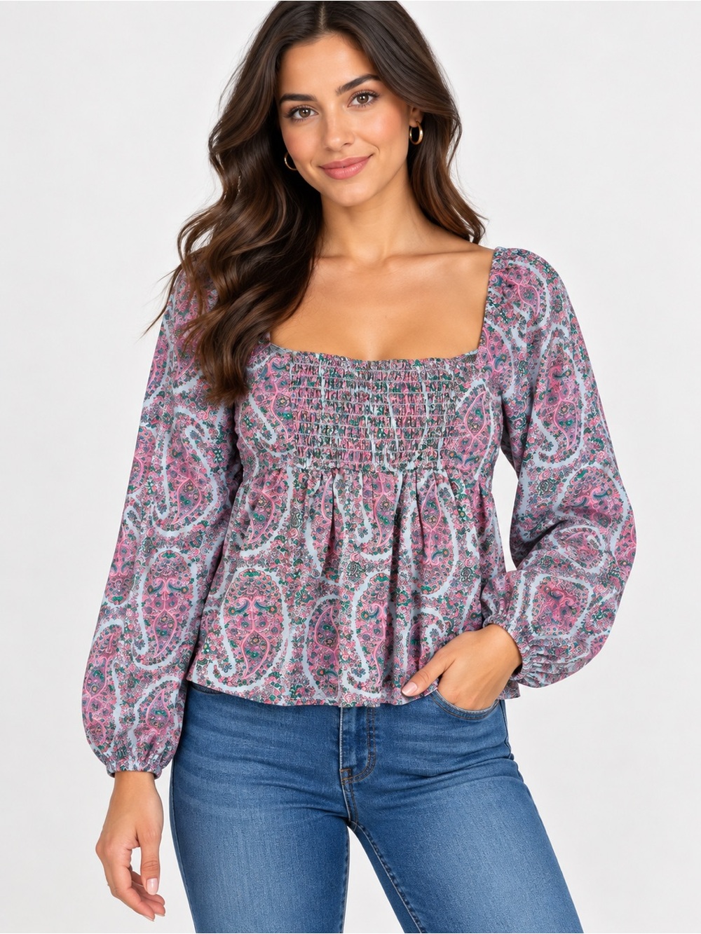 Smocked Square-Neck Paisley Crop Top - Pink Multi